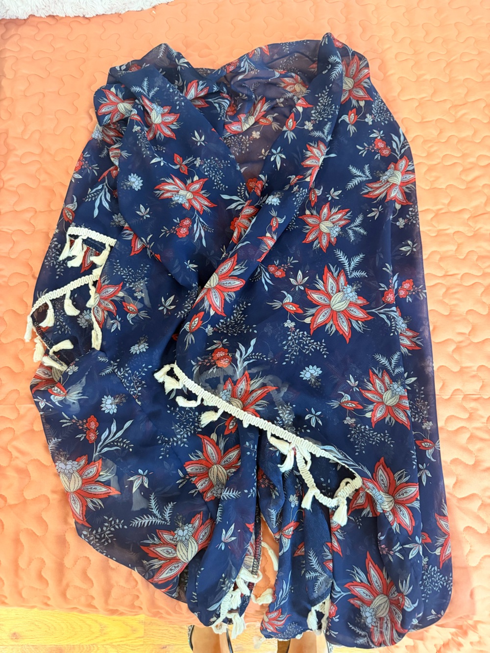 Navy Floral Tassel Scarf SHEIN